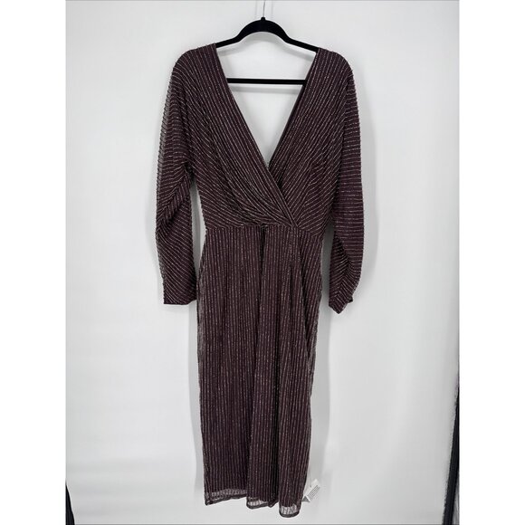 ASOS DESIGN Size 12 Mauve Purple gold linear embellished batwing midi dress - Picture 5 of 15